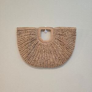 Ramla Woven Crochet Raffia Half Moon Bag Dark Tan
